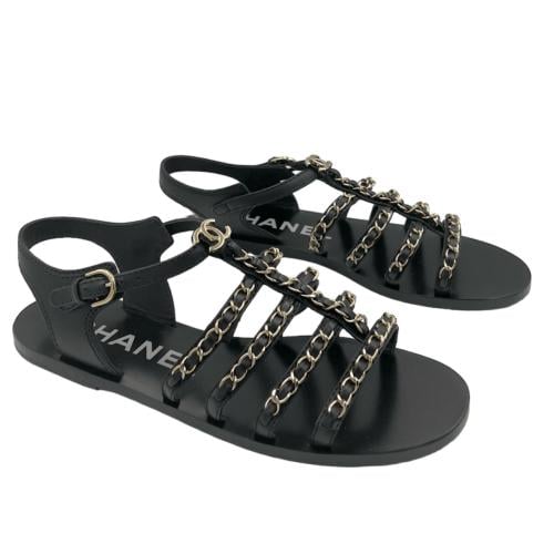 ChSh27 Chanel Teal Leather Flat Gladiator Sandals...