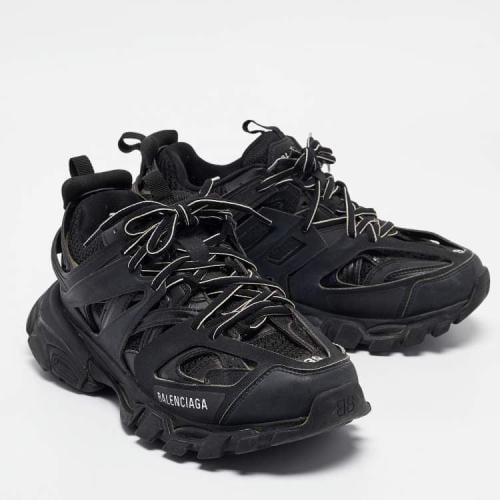 BalSh6 Balenciaga Black Faux Leather and Mesh Trac...