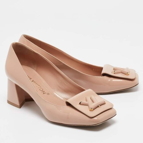 Beige Patent Leather Block Heel Pumps
