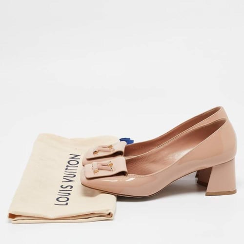 Beige Patent Leather Block Heel Pumps
