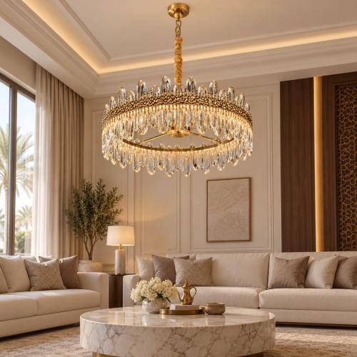 ثريا سقف كريستال أورورا متدرجة ذهبية LED (3 ألوان) - مقاسات متعددة