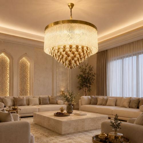 ثريا سقف زجاجية فاخرة بتصميم أوراق الشجر الذهبية والأعمدة الزجاجية