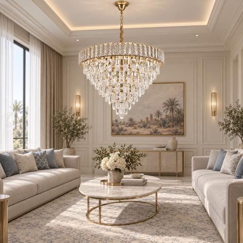 ثريا كريستال ملكية متدرجة ذهبية E14 ذهبي (مقاسات متعددة دائرية ومستطيلة)