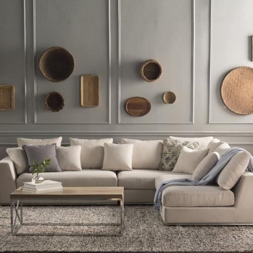 كنبة زاوية سويدي و مخمل - بيج فاتح