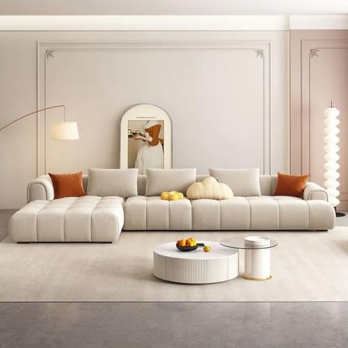 كنبه زاويه خشب سويدي و مخمل - أوف وايت