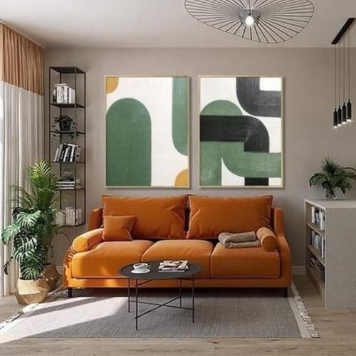 كنبة ثلاثة مقاعد خشب سويدي و مخمل - برتقالي