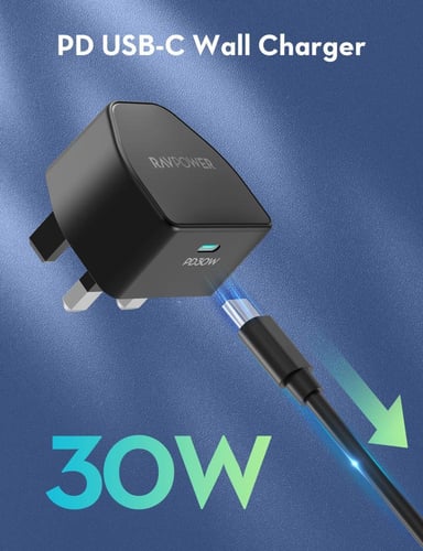 شاحن جداري راف باور بقوة 30 واط بمنفذ USB-C - أسود