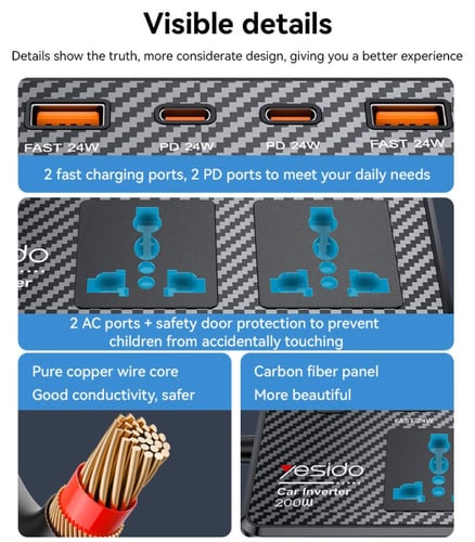 محول طاقة Yesido للسيارة بقوة 200 واط متعدد المناف...