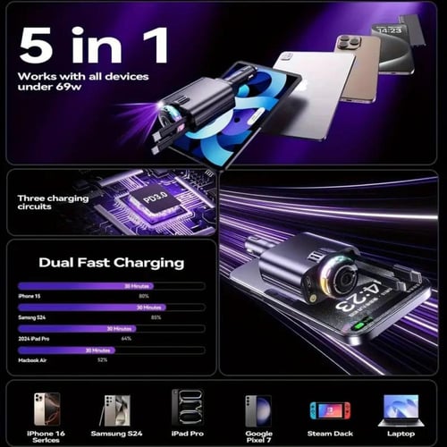 شاحن سيارة 5 في 1 مع إضاءة LED ومعطر هواء