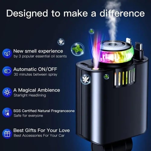شاحن سيارة 5 في 1 مع إضاءة LED ومعطر هواء