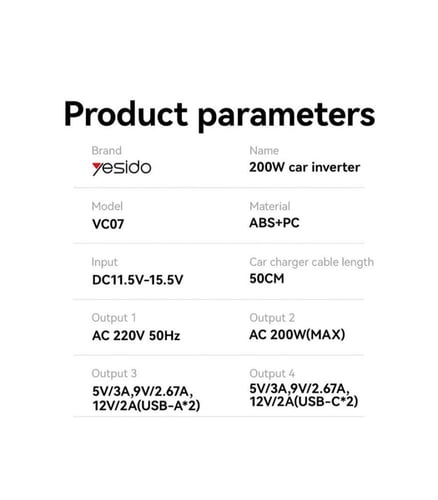 محول طاقة Yesido للسيارة بقوة 200 واط متعدد المناف...