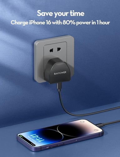 شاحن جداري راف باور بقوة 30 واط بمنفذ USB-C - أسود