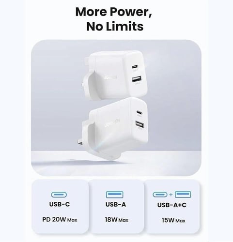 شاحن جداري يوجرين بمنفذ USB-A ومنفذ USB-C بقوة 20...