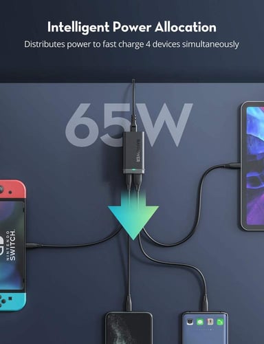 منصة شحن راف باور بقوة 65 واط و 4 منافذ شحن - أسود