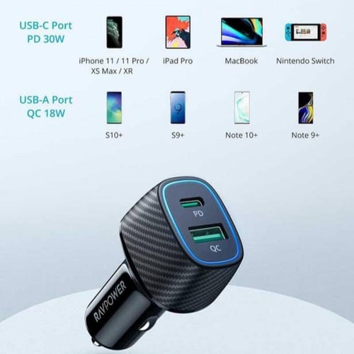 شاحن سيارة راف باور بتقنية PD بقوة 60 واط منفذ USB...