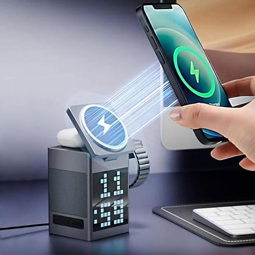 قاعدة شحن لاسلكية 5 في 1 مع مكبر صوت بلوتوث وشاشة...