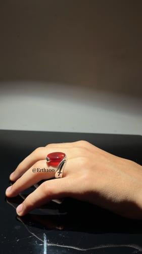 خاتم رجالي فضة عيار 925 مُتوج بالعقيق اليماني الأح...