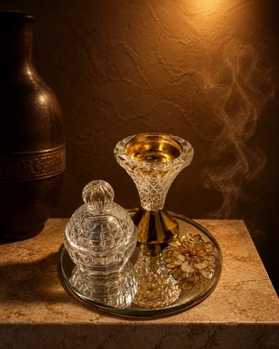 طقم مبخرة كريستال زجاجي ذهبي