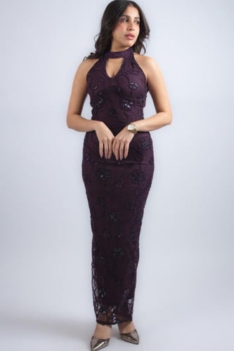 فستان هالتر مطرّز أنيق Embroidered Halter Neck Eve...