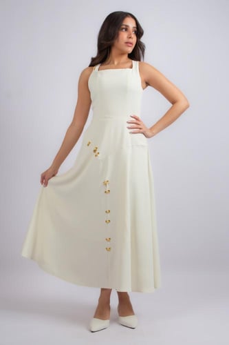 فستان ميدي كلاسيك بتصميم هندسي وحلقات ذهبية مرصعة