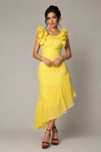 Medium yellow dress embroidered with handwork and with pleated ruffle edges