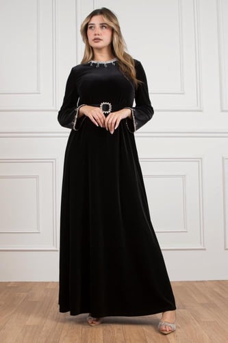 جلابية سهرة مخمل بتطريز وبكلة لامعة