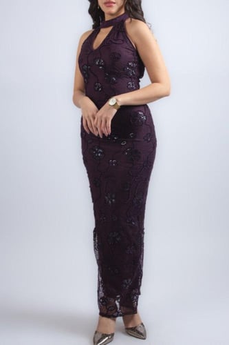 فستان هالتر مطرّز أنيق Embroidered Halter Neck Eve...