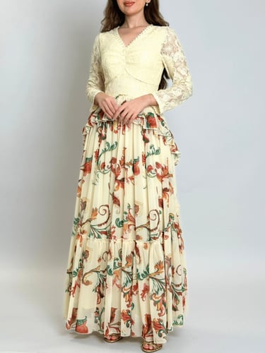 فستان زهور المساء – مزيج الدانتيل والشيفون