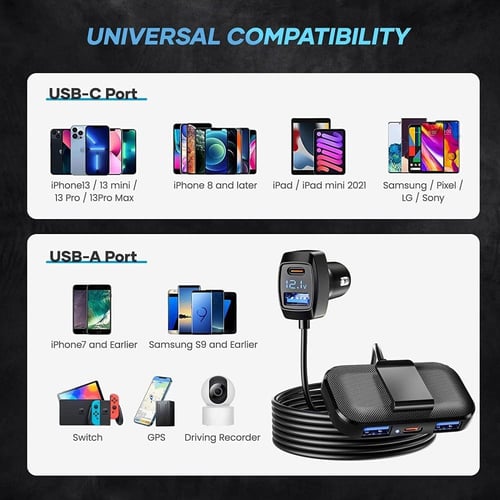 شاحن سيارة 5 منافذ متعددة نوع C، محول شاحن 31 واط...