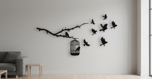 منظر بغصن وطيور وقفص