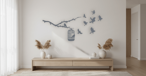 منظر بغصن وطيور وقفص