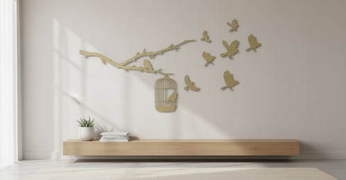 منظر بغصن وطيور وقفص