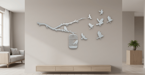 منظر بغصن وطيور وقفص