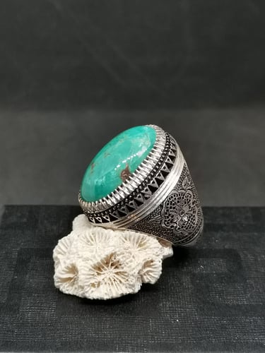 عخاتم الفضة بحجر فيروز نيشابوري ايراني قلمزني بصيا...