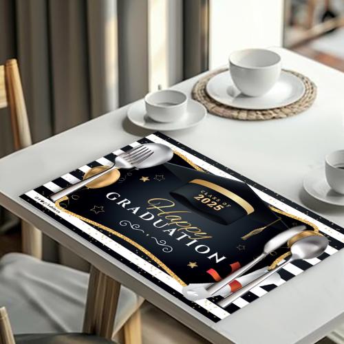 لبادة طاولة ثيم التخرج أبيض وأسود - 12 حبة