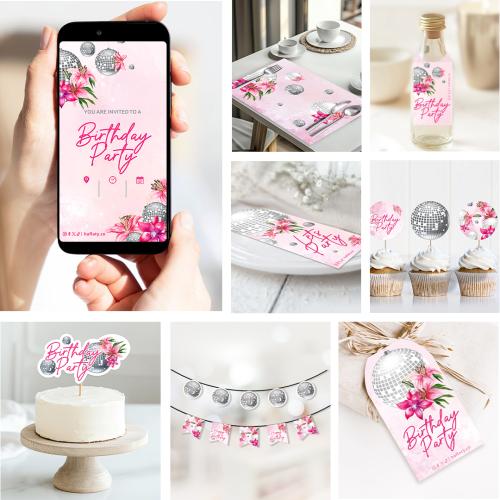 ثيم كرة الديسكو والورود ، مطبوع جاهز للتوصيل