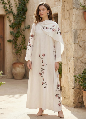 ثوب لينن مطرز مع شال