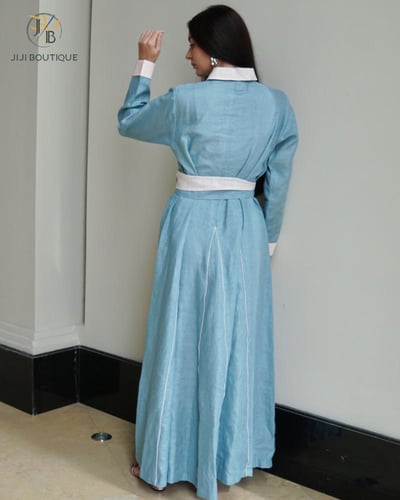 فستان العيد بورود مع حزام - أزرق