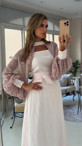 فستان اكمام ترتر مع حزام وردي