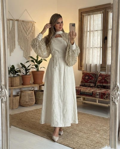 فستان اكمام ترتر مع حزام