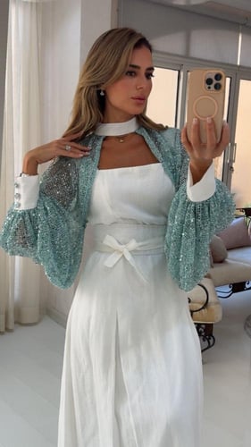 فستان اكمام ترتر مع حزام تيفاني