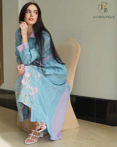 فستان العيد بورود - أزرق و بنفسجي