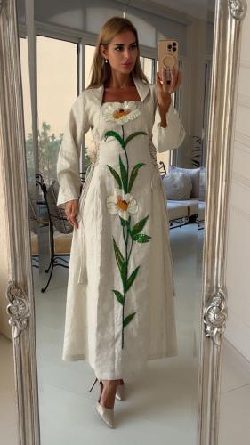 فستانلي مطرز راقي مخصر بيج