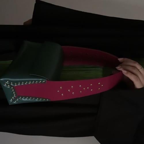 Natural leather bag, olive green with pink