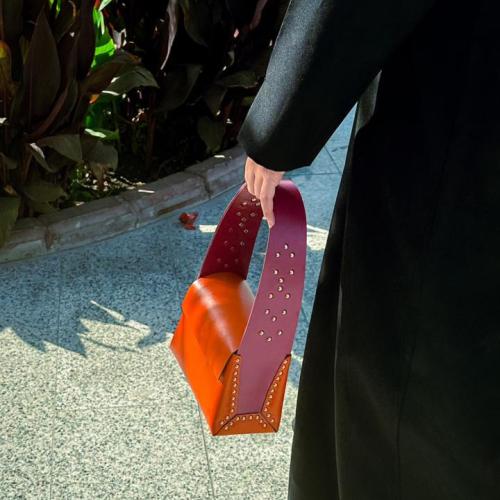 Natural leather bag pink with orange