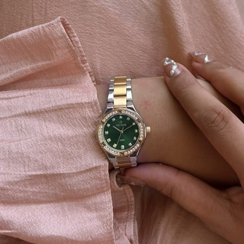 ساعة نسائية ديفوشي استيل بلون فضي و ذهبي ميناء أخض...