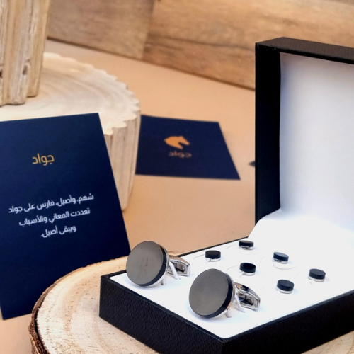 مجموعة كبك وازرار جواد رجالي - دائري مرآة اسود