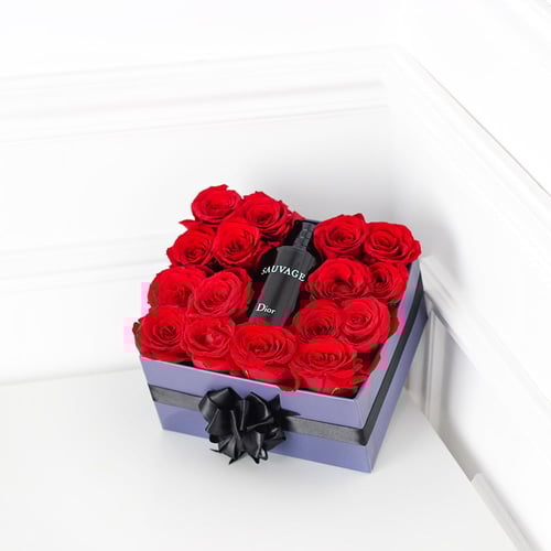 هدية عطر رجالي مع ورد احمر