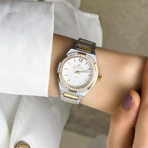 ساعة نسائية استيل بلون فضي ذهبي اطار ذهبي ميناء اب...