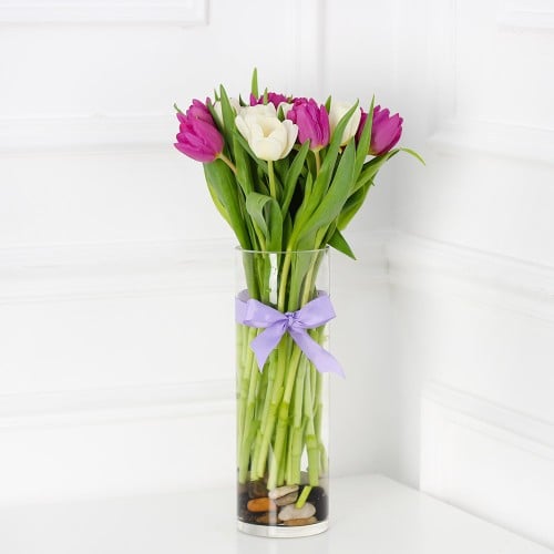 فازة التوليب ابيض وبنفسجي